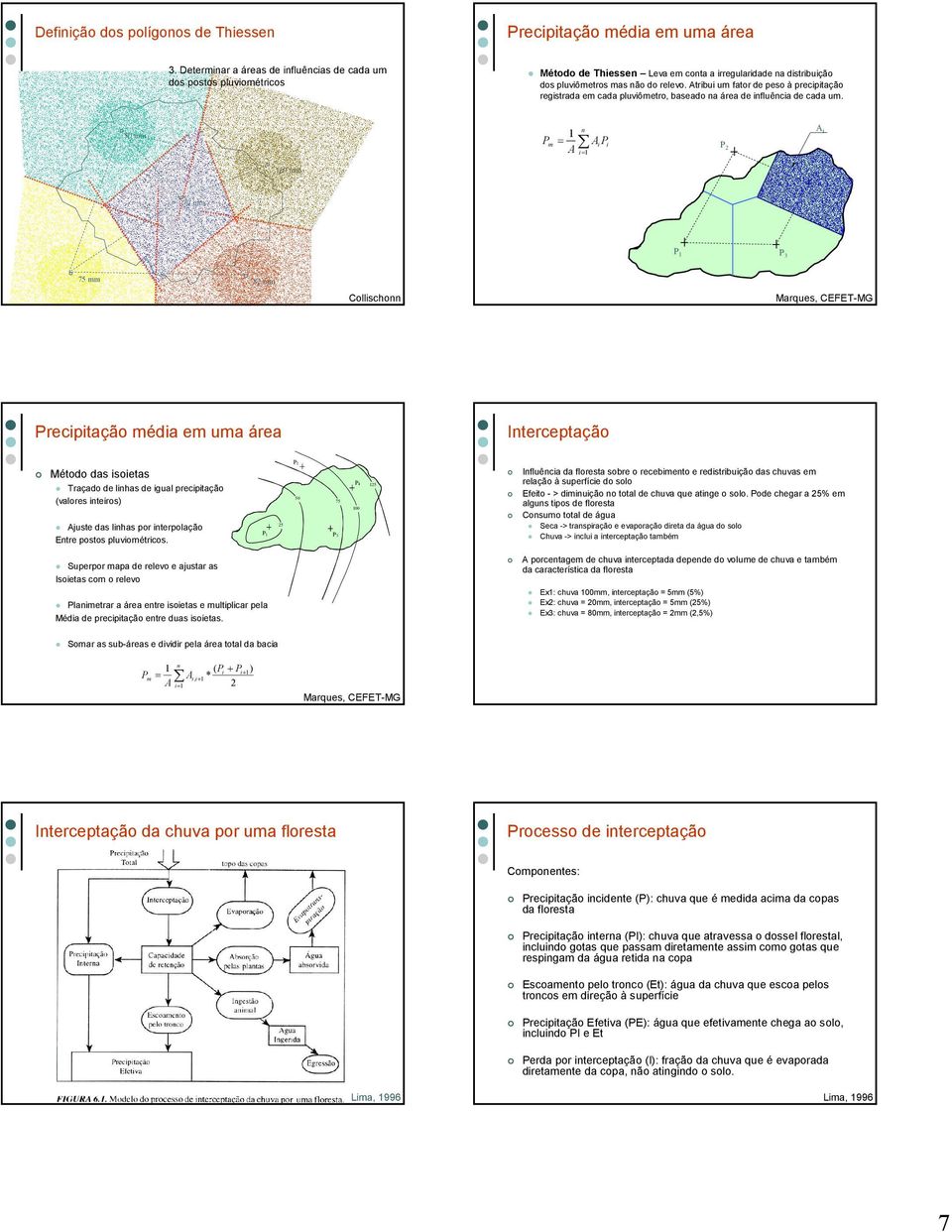 mm Pm = A n i= A P i i P 2 A i 2 mm P 4 7 mm P P 3 Precipitação média em uma área Interceptação Método das isoietas Traçado de linhas de igual precipitação (valores inteiros) Ajuste das linhas por