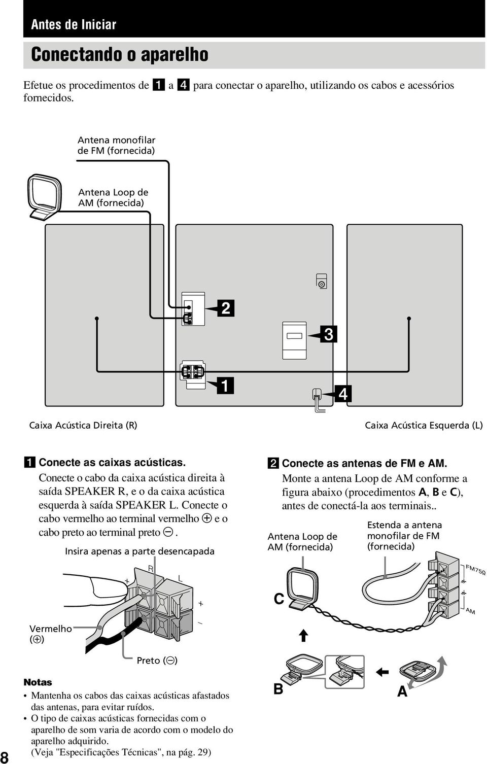 Conecte o cabo da caixa acústica direita à saída SPEAKER R, e o da caixa acústica esquerda à saída SPEAKER L. Conecte o cabo vermelho ao terminal vermelho e o cabo preto ao terminal preto.