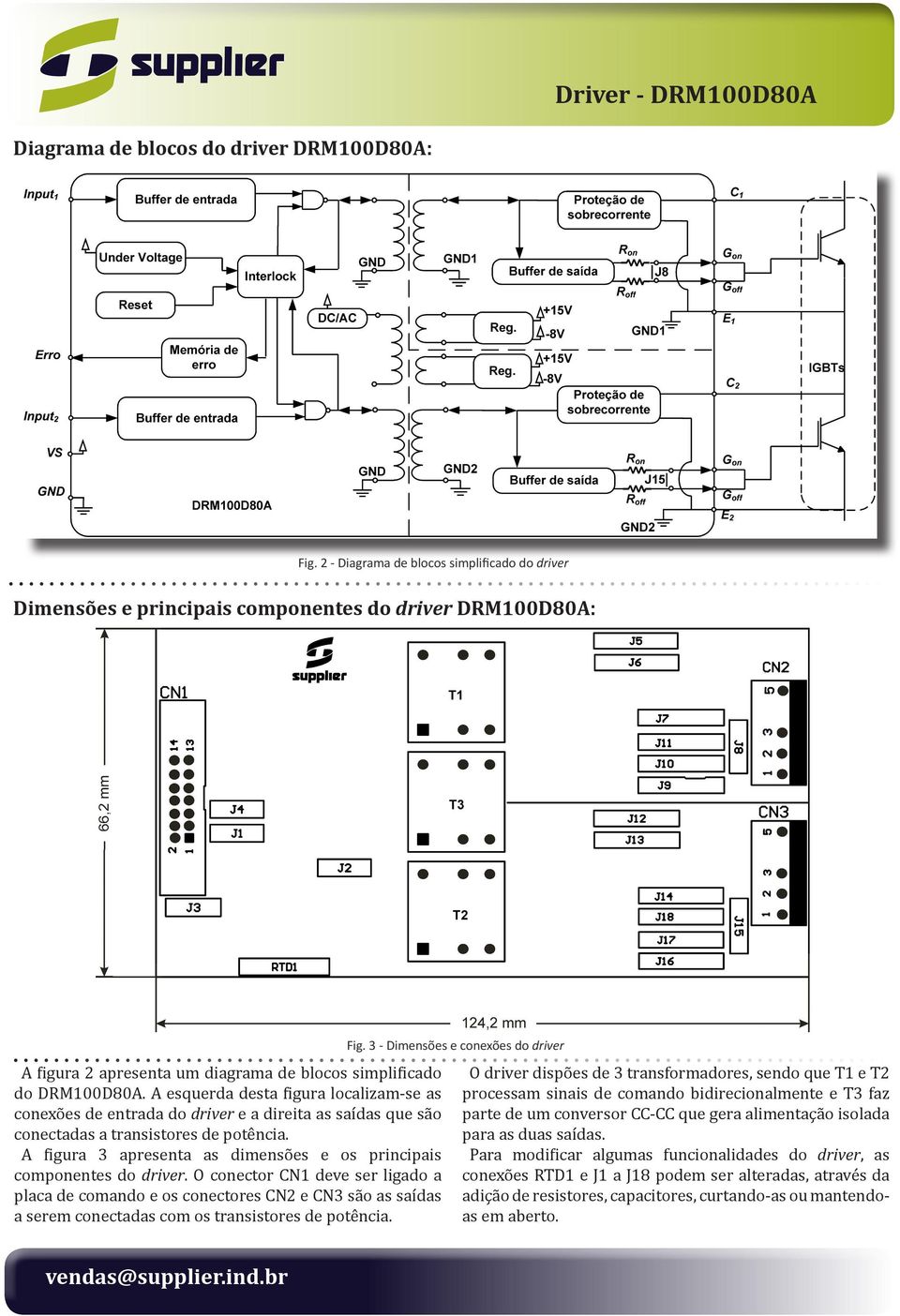 e os principais componentes do driver O conector CN1 deve ser ligado a placa de comando e os conectores CN2 e CN3 são as saídas a serem conectadas com os transistores de potência Fig 3 - Dimensões e