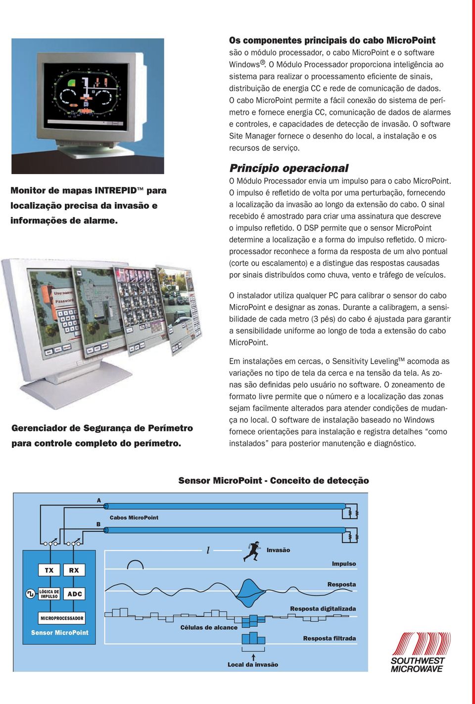 O cabo MicroPoint permite a fácil conexão do sistema de perímetro e fornece energia CC, comunicação de dados de alarmes e controles, e capacidades de detecção de invasão.