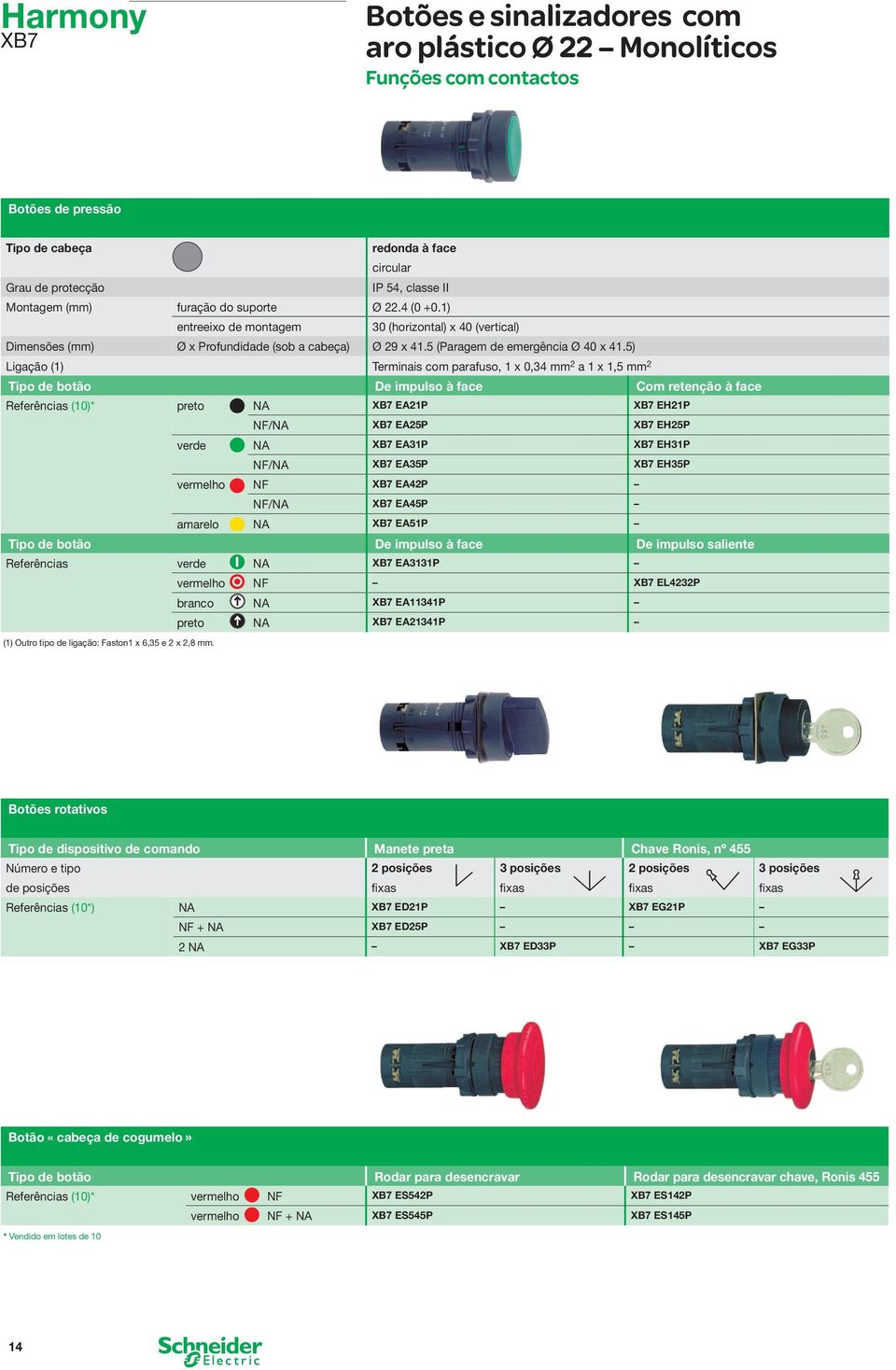 5) Ligação (1) Terminais com parafuso, 1 x 0,34 mm a 1 x 1,5 mm Tipo de botão De impulso à face Com retenção à face Referências (10)* preto NA XB7 EA1P XB7 EH1P NF/NA XB7 EA5P XB7 EH5P verde NA XB7