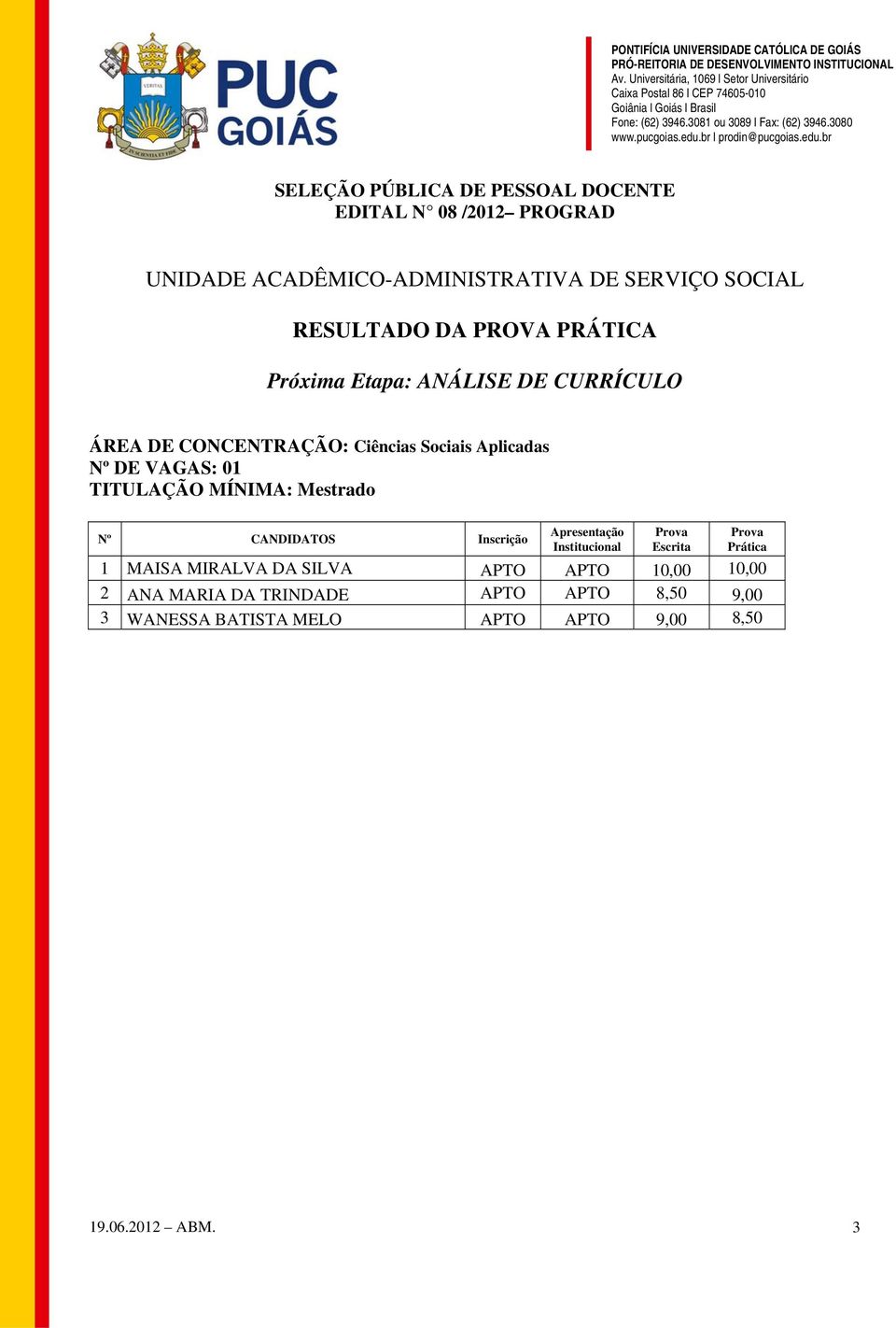 MAISA MIRALVA DA SILVA APTO APTO 10,00 10,00 2 ANA MARIA DA TRINDADE APTO