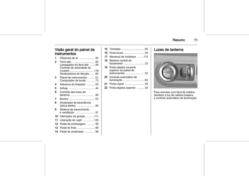 .. 63 8 Sinalizador de advertência (pisca-alerta)... 84 9 Sistema de aquecimento e ventilação... 91 10 Interruptor da ignição... 111 11 Liberação do capô... 130 12 Pedal da embreagem.