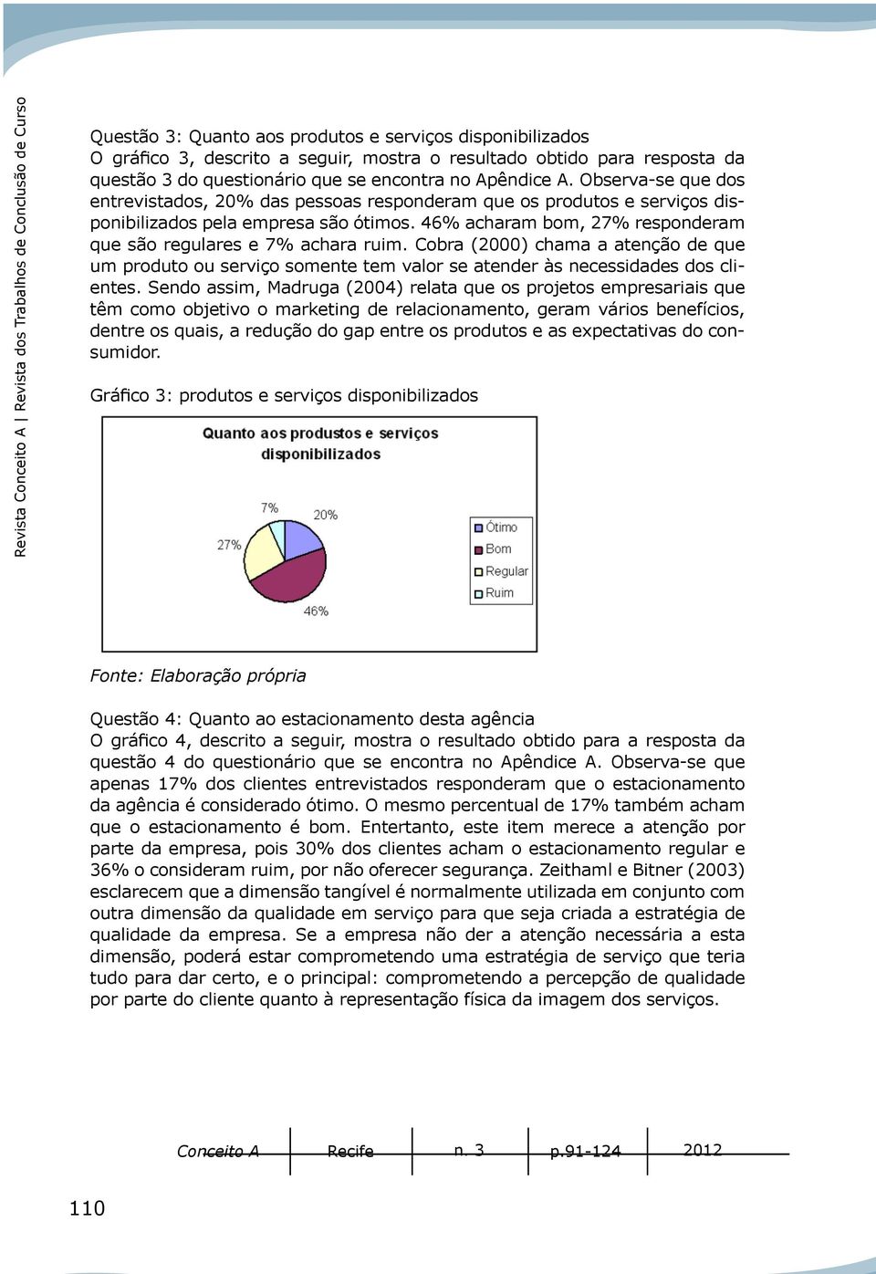 46% acharam bom, 27% responderam que são regulares e 7% achara ruim. Cobra (2000) chama a atenção de que um produto ou serviço somente tem valor se atender às necessidades dos clientes.