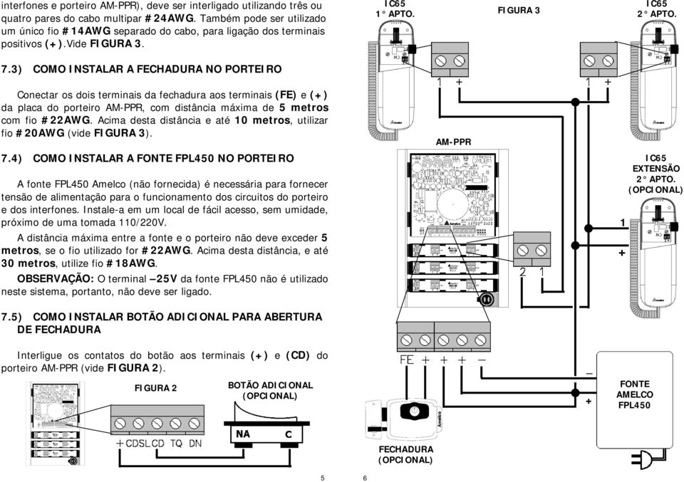 3) COMO INSTALAR A FECHADURA NO PORTEIRO Conectar os dois terminais da fechadura aos terminais (FE) e () da placa do porteiro AM-PPR, com distância máxima de 5 metros com fio #22AWG.