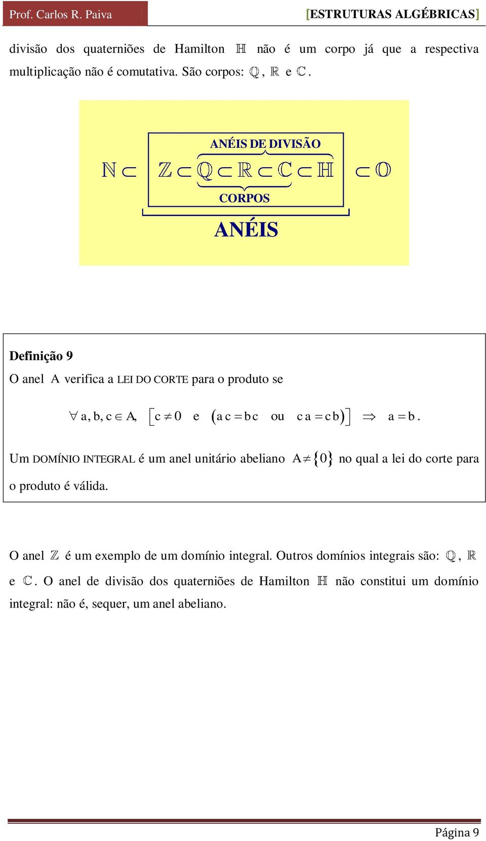 A, c 0 e ac bc ou ca cb a b. Um DOMÍNIO INTEGRAL é um anel unitário abeliano A 0 no qual a lei do corte para o produto é válida.