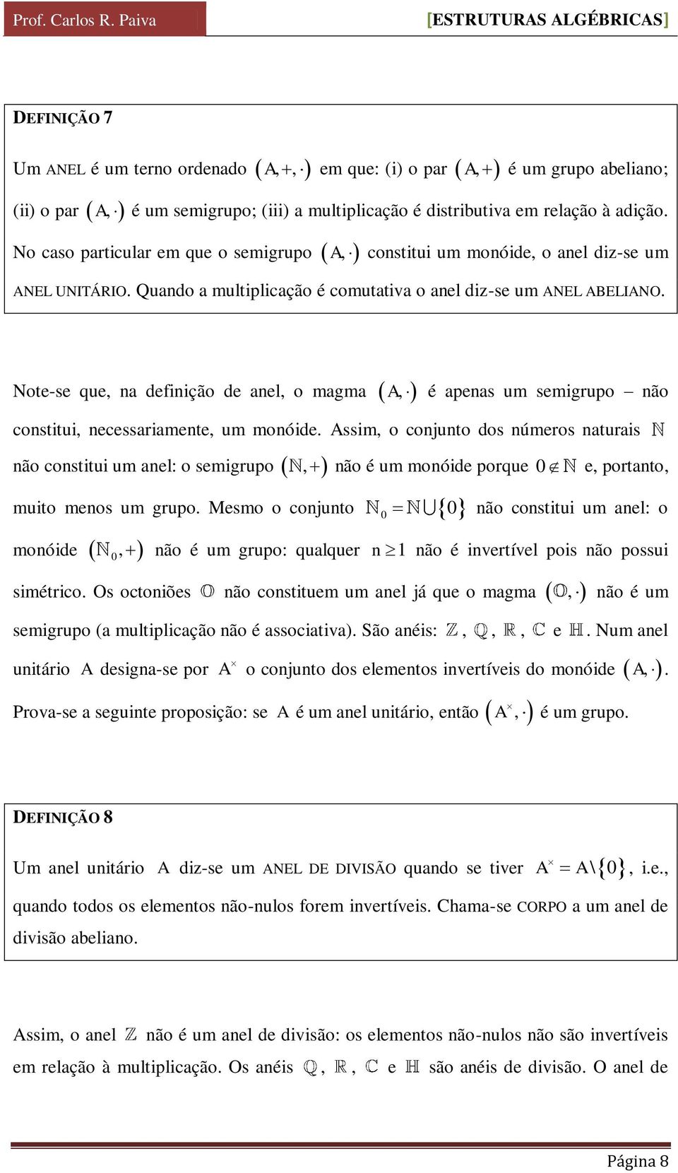 Note-se que, na definição de anel, o magma A, é apenas um semigrupo não constitui, necessariamente, um monóide.