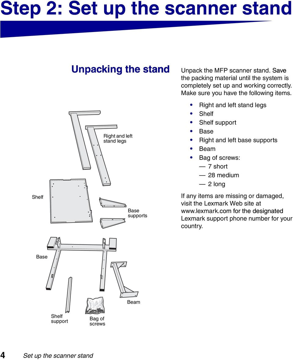 Right and left stand legs Shelf Shelf support Base Right and left base supports Beam Bag of screws: 7 short 28 medium 2 long If any items