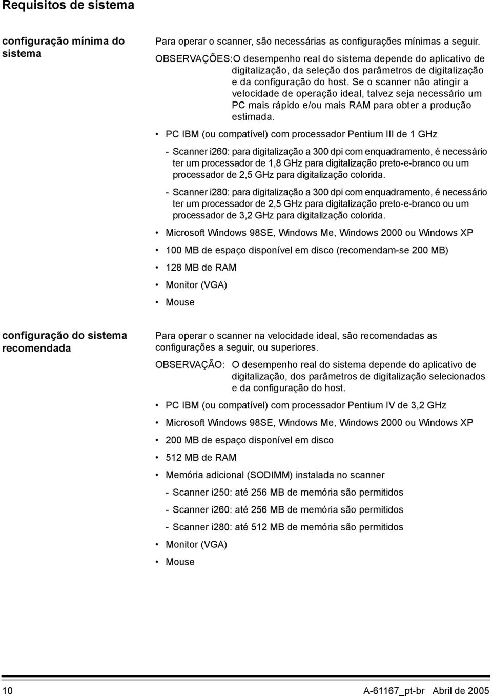 Se o scanner não atingir a velocidade de operação ideal, talvez seja necessário um PC mais rápido e/ou mais RAM para obter a produção estimada.