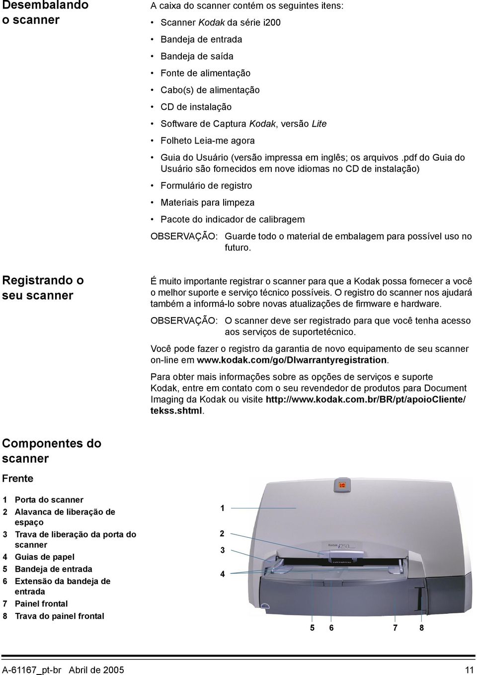 pdf do Guia do Usuário são fornecidos em nove idiomas no CD de instalação) Formulário de registro Materiais para limpeza Pacote do indicador de calibragem OBSERVAÇÃO: Guarde todo o material de