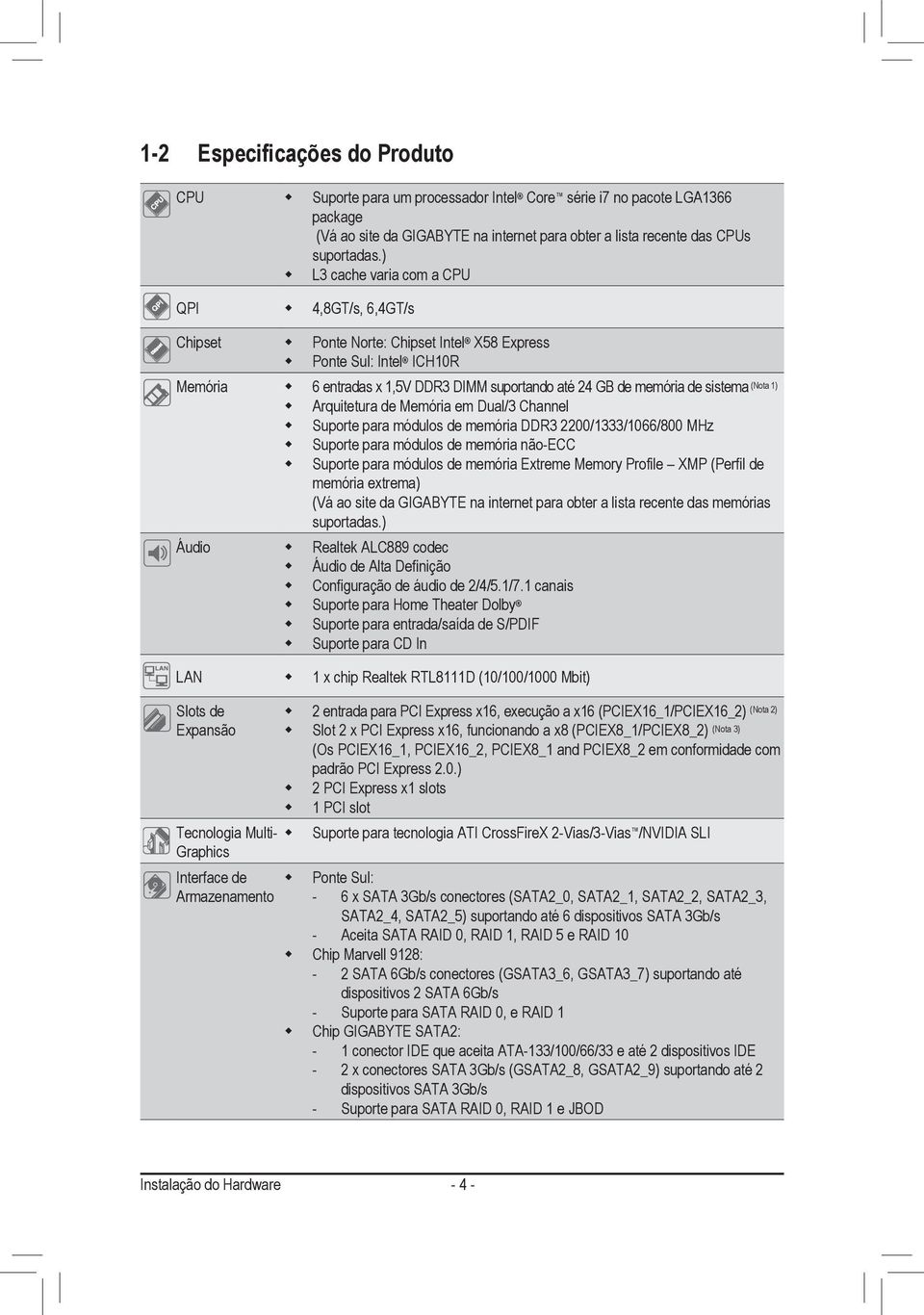 (Nota ) Arquitetura de Memória em Dual/3 Channel Suporte para módulos de memória DDR3 2200/333/066/800 MHz Suporte para módulos de memória não-ecc Suporte para módulos de memória Extreme Memory