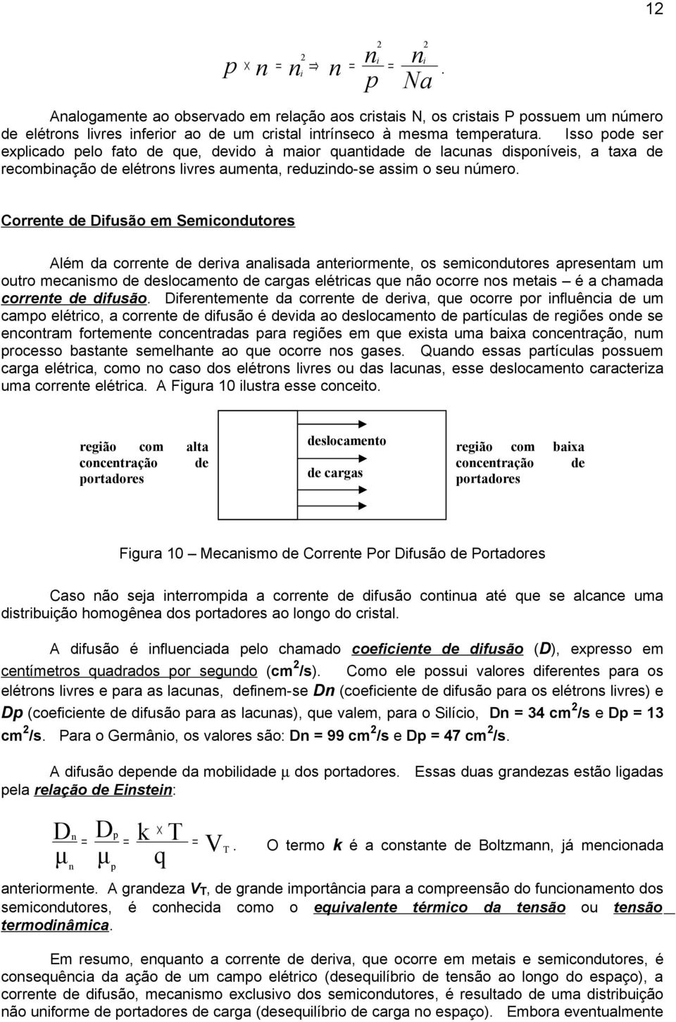 Corrente de Difusão em Semicondutores Além da corrente de deriva analisada anteriormente, os semicondutores apresentam um outro mecanismo de deslocamento de cargas elétricas que não ocorre nos metais