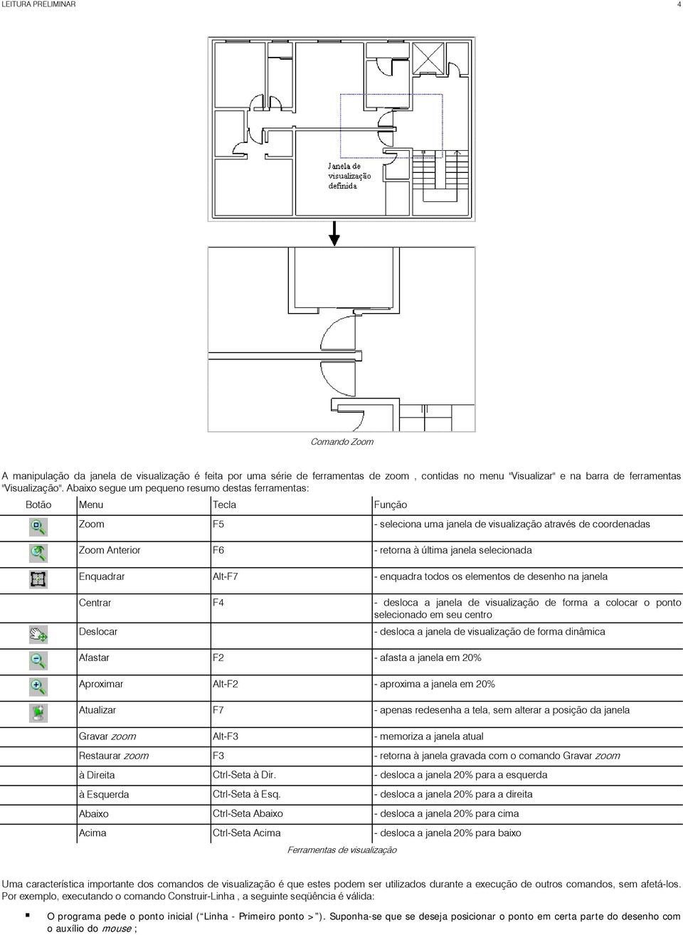 Enquadrar Alt-F7 - enquadra todos os elementos de desenho na janela Centrar F4 - desloca a janela de visualização de forma a colocar o ponto selecionado em seu centro Deslocar Afastar F2 - afasta a