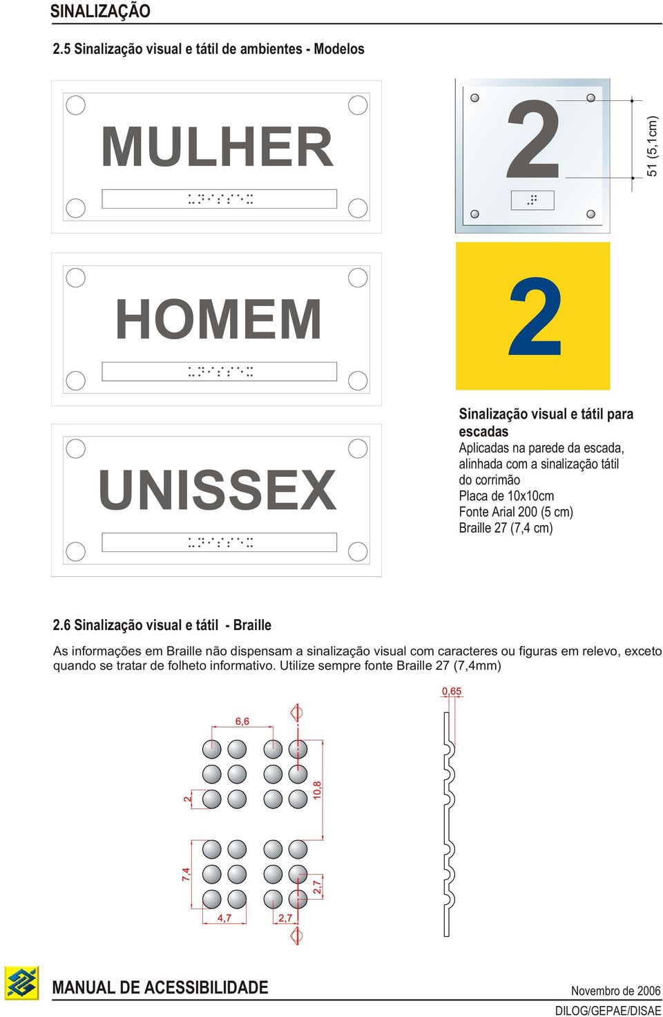 escadas Aplicadas na parede da escada, alinhada com a sinalização tátil do corrimão Placa de 10x10cm Fonte Arial 200 (5 cm)