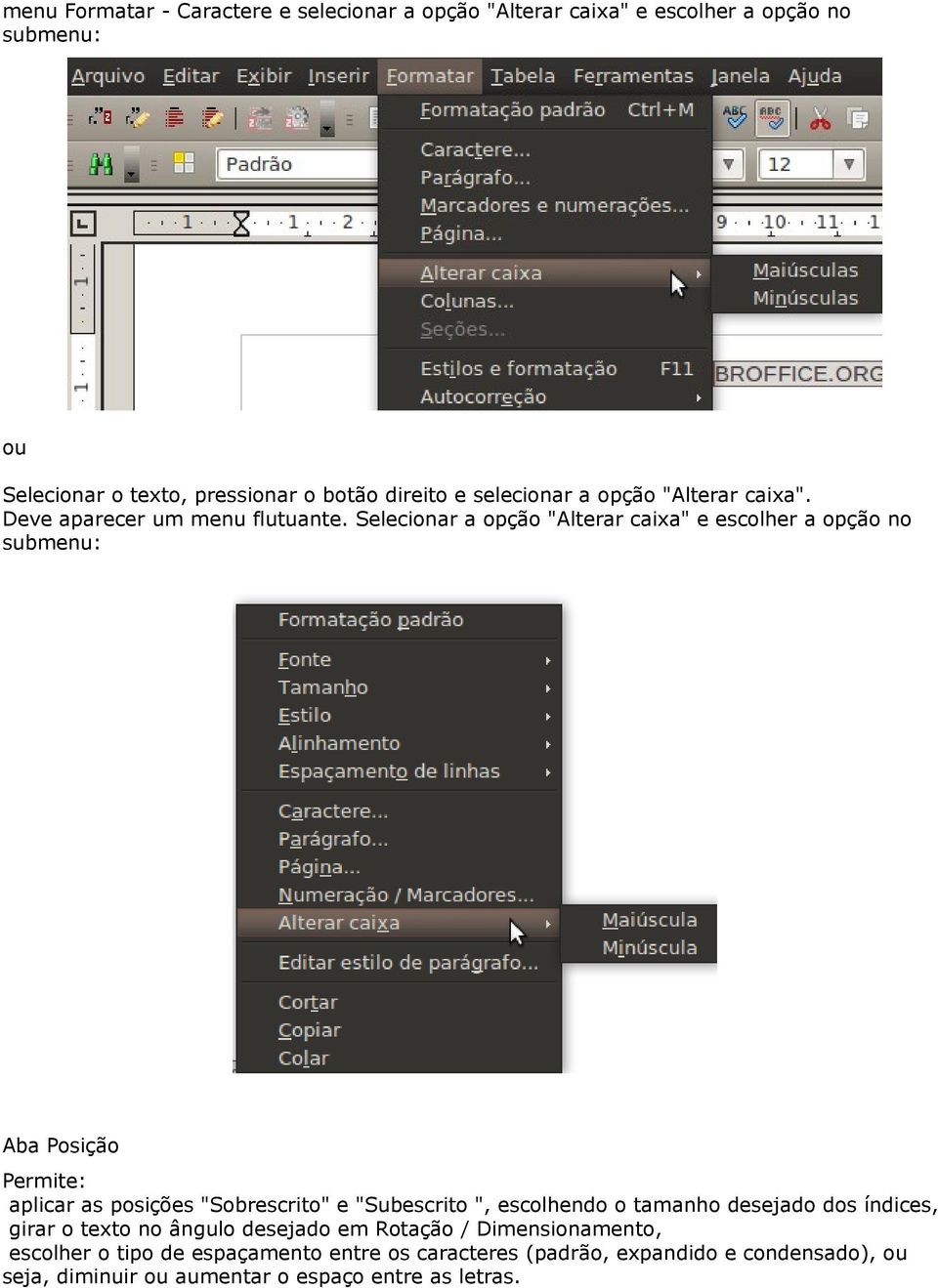 Selecionar a opção "Alterar caixa" e escolher a opção no submenu: Aba Posição Permite: aplicar as posições "Sobrescrito" e "Subescrito ", escolhendo
