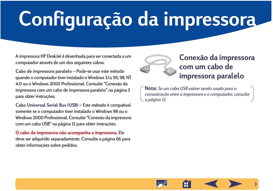 Cabo Universal Serial Bus (USB) Este método é compatível somente se o computador tiver instalado o Windows 98 ou o Windows 2000 Professional.