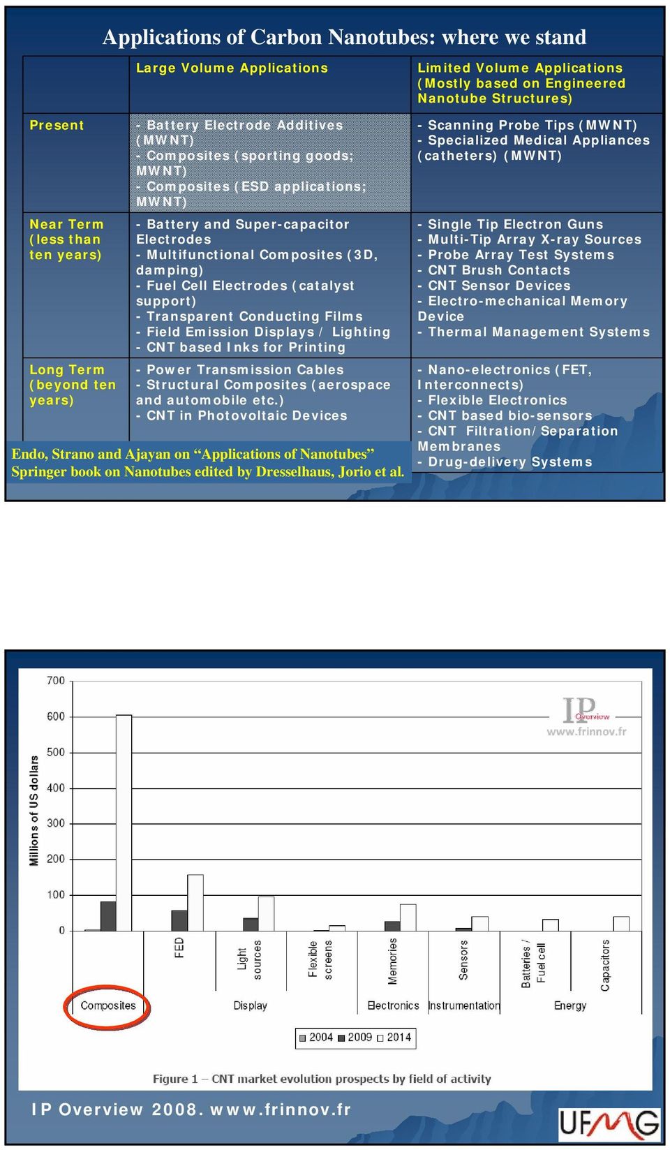 Composites (3D, damping) - Fuel Cell Electrodes (catalyst support) - Transparent Conducting Films - Field Emission Displays / Lighting - CNT based Inks for Printing - Power Transmission Cables -