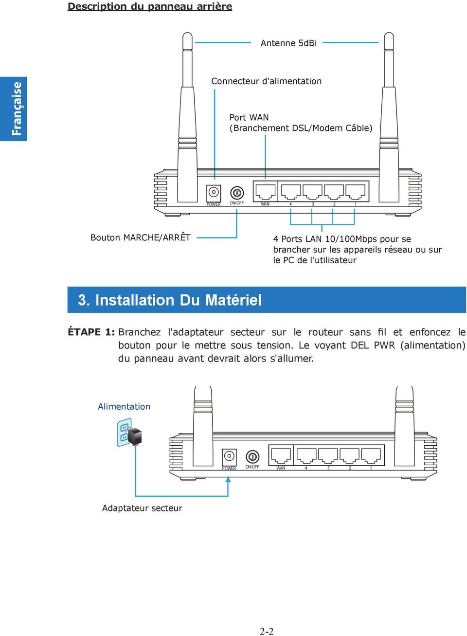 Installation Du Matériel ÉTAPE 1: Branchez l'adaptateur secteur sur le routeur sans fil et enfoncez le bouton pour le mettre sous