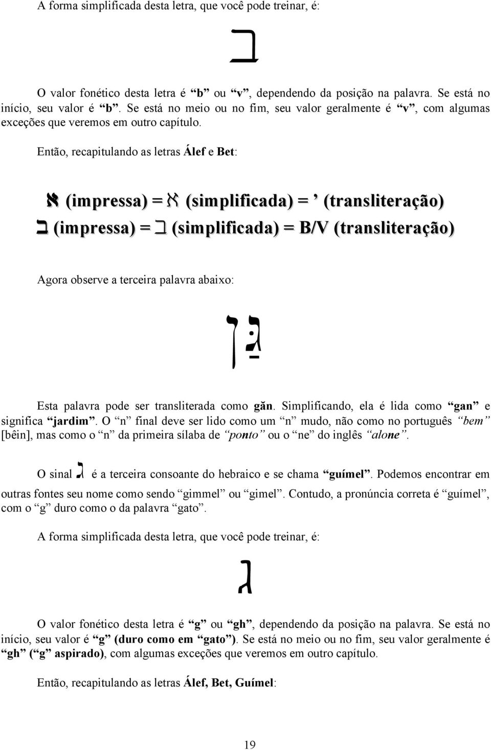 Então, recapitulando as letras Álef e Bet: ) (impressa) = ) (simplificada) = (transliteração) b (impressa) = b (simplificada) = B/V (transliteração) Agora observe a terceira palavra abaixo: Ng%A Esta