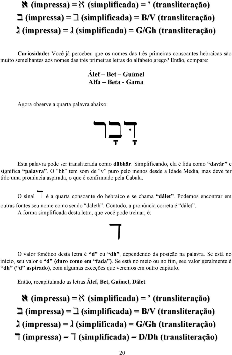 Então, compare: Álef Bet Guímel Alfa Beta - Gama Agora observe a quarta palavra abaixo: rbfd@f Esta palavra pode ser transliterada como dābhār.