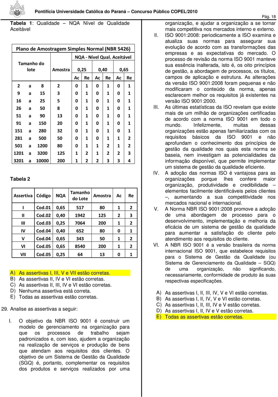 Aceitável Tamanho do lote Amostra 0,25 0,40 0,65 Ac Re Ac Re Ac Re 2 a 8 2 0 1 0 1 0 1 9 a 15 3 0 1 0 1 0 1 16 a 25 5 0 1 0 1 0 1 26 a 50 8 0 1 0 1 0 1 51 a 90 13 0 1 0 1 0 1 91 a 150 20 0 1 0 1 0 1