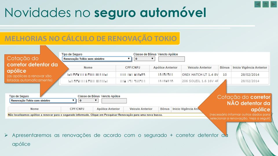 apólice (necessário informar outros dados para selecionar a renovação.