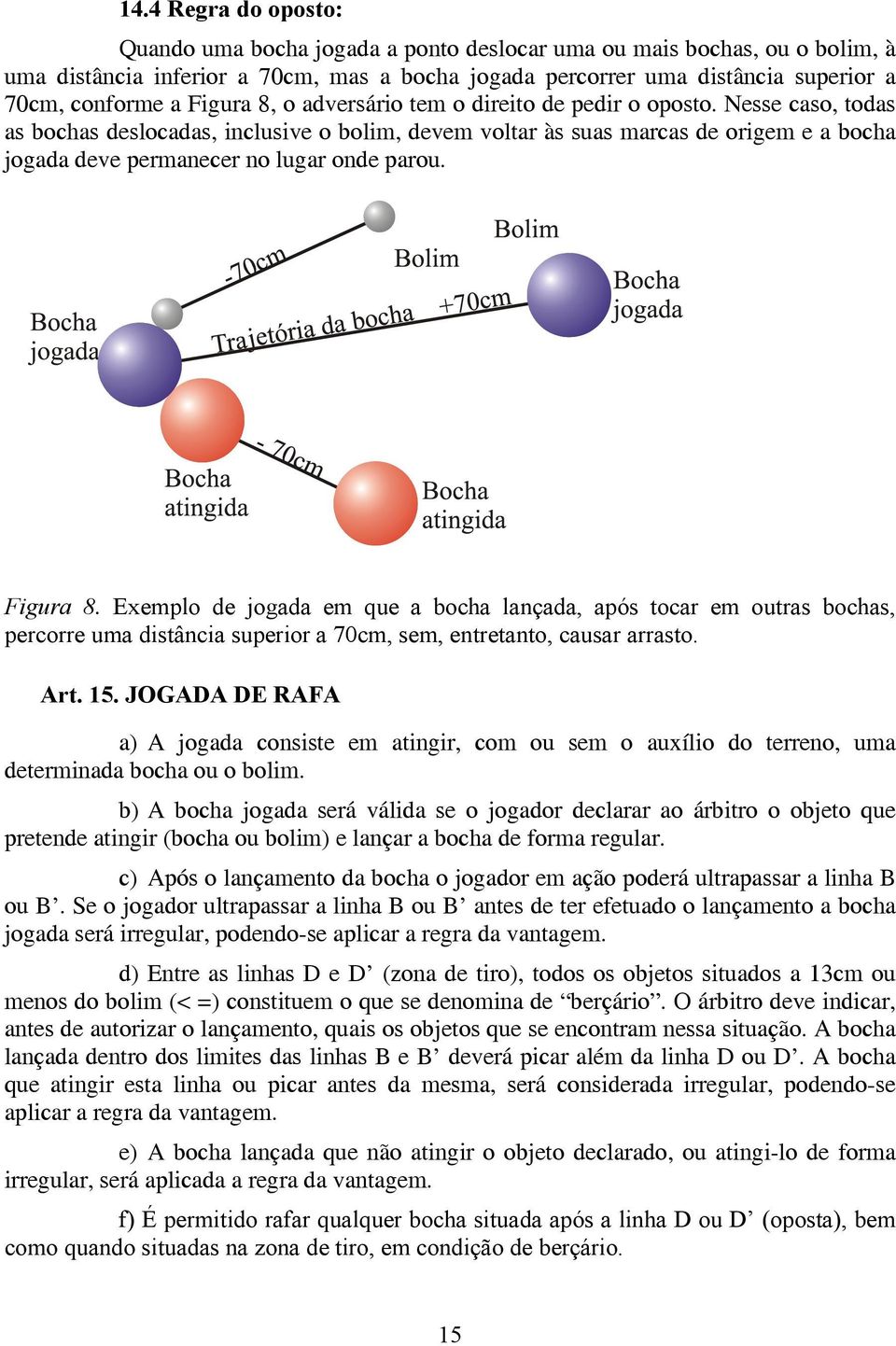 Nesse caso, todas as bochas deslocadas, inclusive o bolim, devem voltar às suas marcas de origem e a bocha jogada deve permanecer no lugar onde parou. Figura 8.