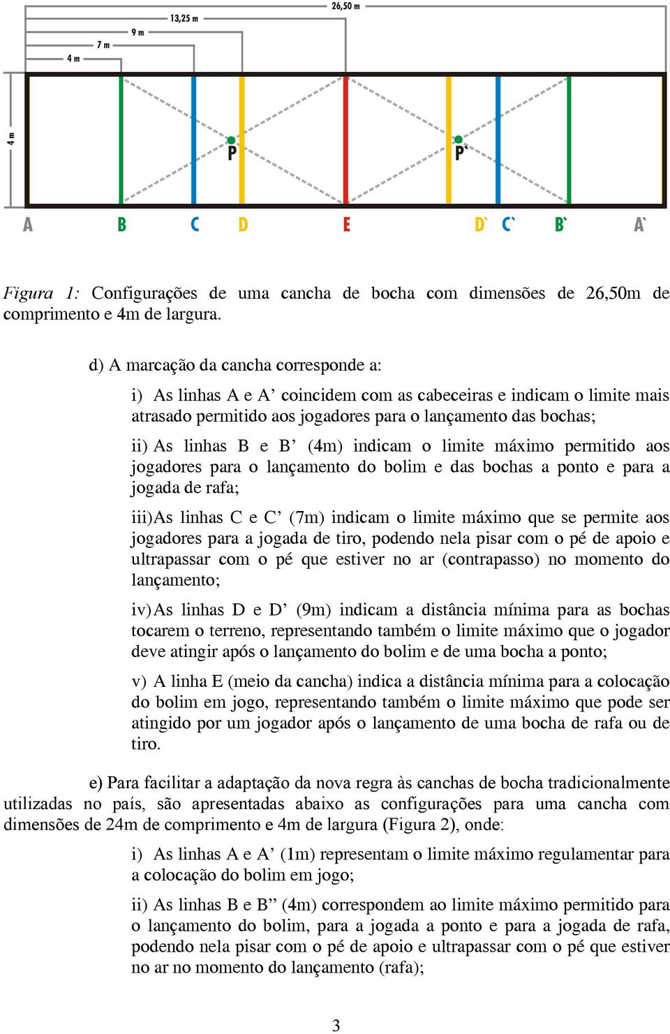 indicam o limite máximo permitido aos jogadores para o lançamento do bolim e das bochas a ponto e para a jogada de rafa; iii) As linhas C e C (7m) indicam o limite máximo que se permite aos jogadores