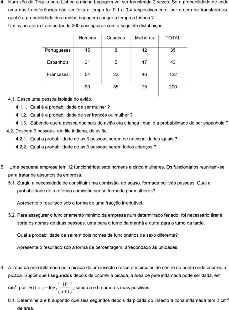 Um avião aterra transportando 00 passageiros com a seguinte distribuição: Homens Crianças Mulheres TOTAL Portugueses 5 8 5 Espanhóis 5 7 4 Franceses 54 46 90 5 75 00 4.