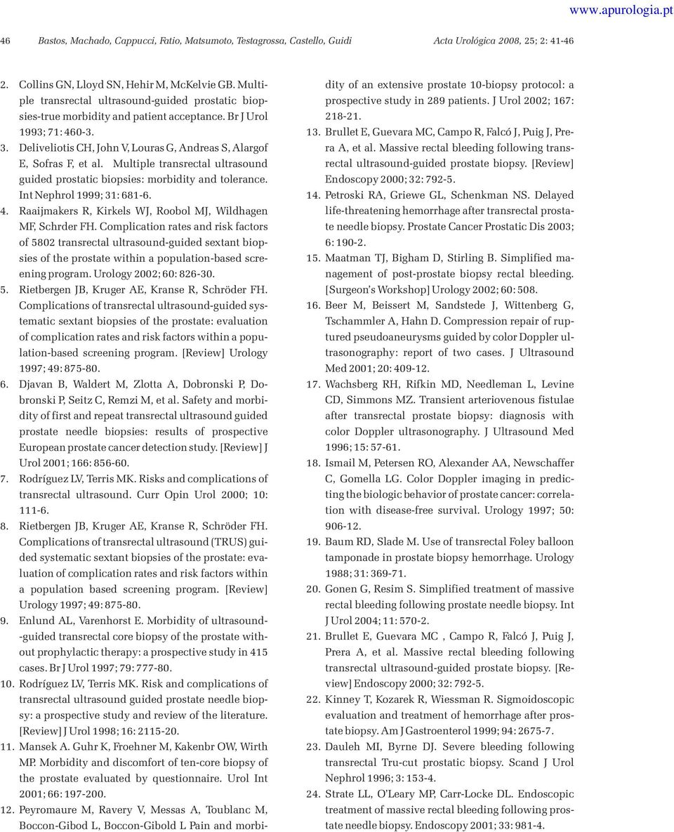 Multiple transrectal ultrasound guided prostatic biopsies: morbidity and tolerance. Int Nephrol 1999; 31: 681-6. 4. Raaijmakers R, Kirkels WJ, Roobol MJ, Wildhagen MF, Schrder FH.