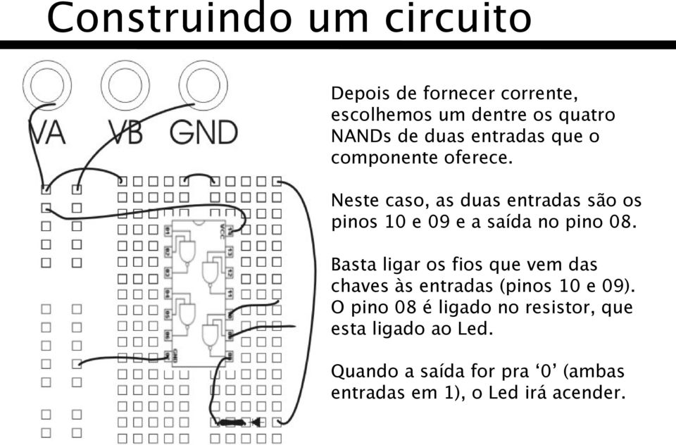 Neste caso, as duas entradas são os pinos 10 e 09 e a saída no pino 08.