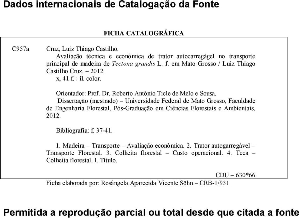 Orientador: Prof. Dr. Roberto Antônio Ticle de Melo e Sousa.