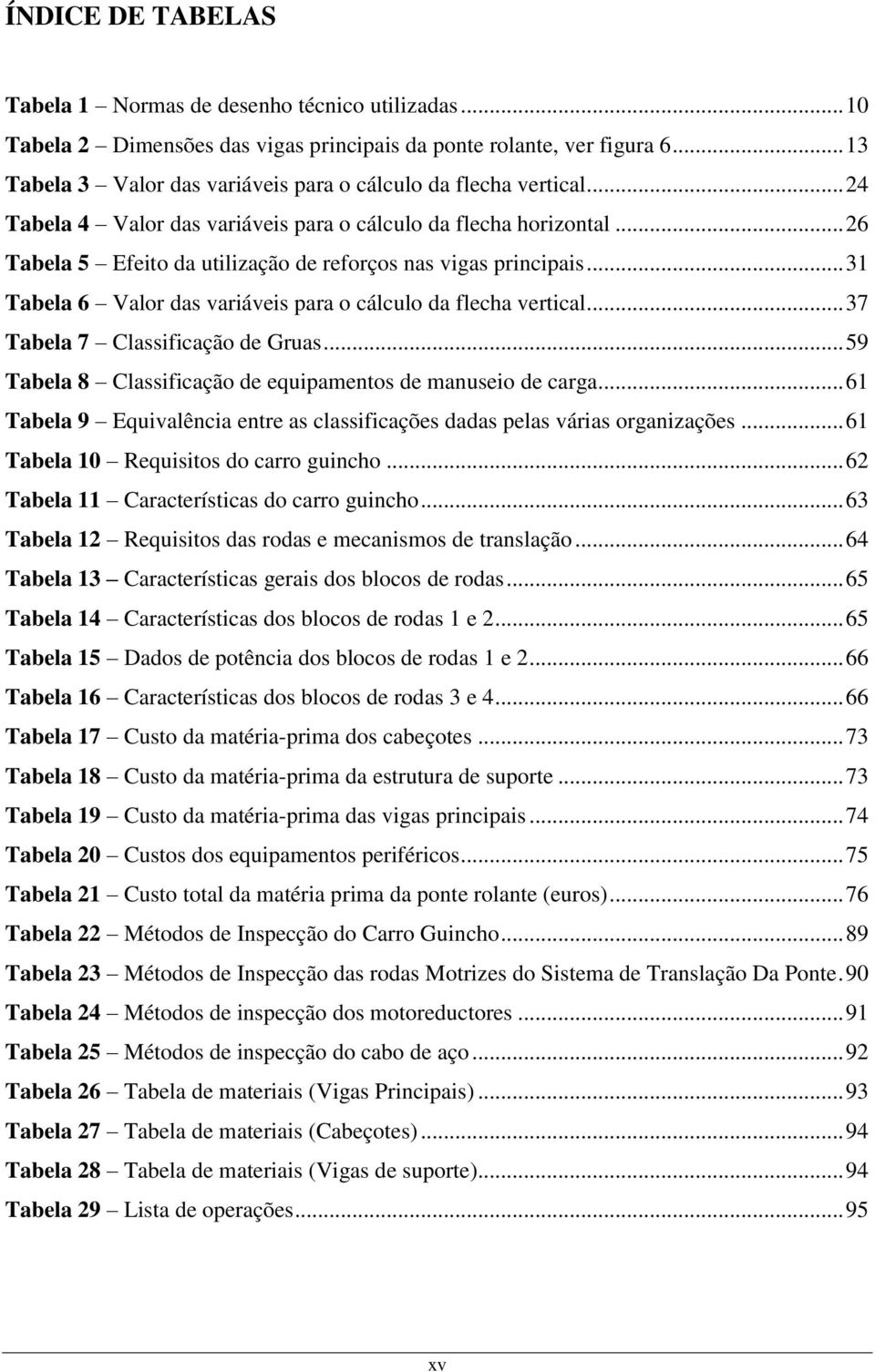 .. 26 Tabela 5 Efeito da utilização de reforços nas vigas principais... 31 Tabela 6 Valor das variáveis para o cálculo da flecha vertical... 37 Tabela 7 Classificação de Gruas.