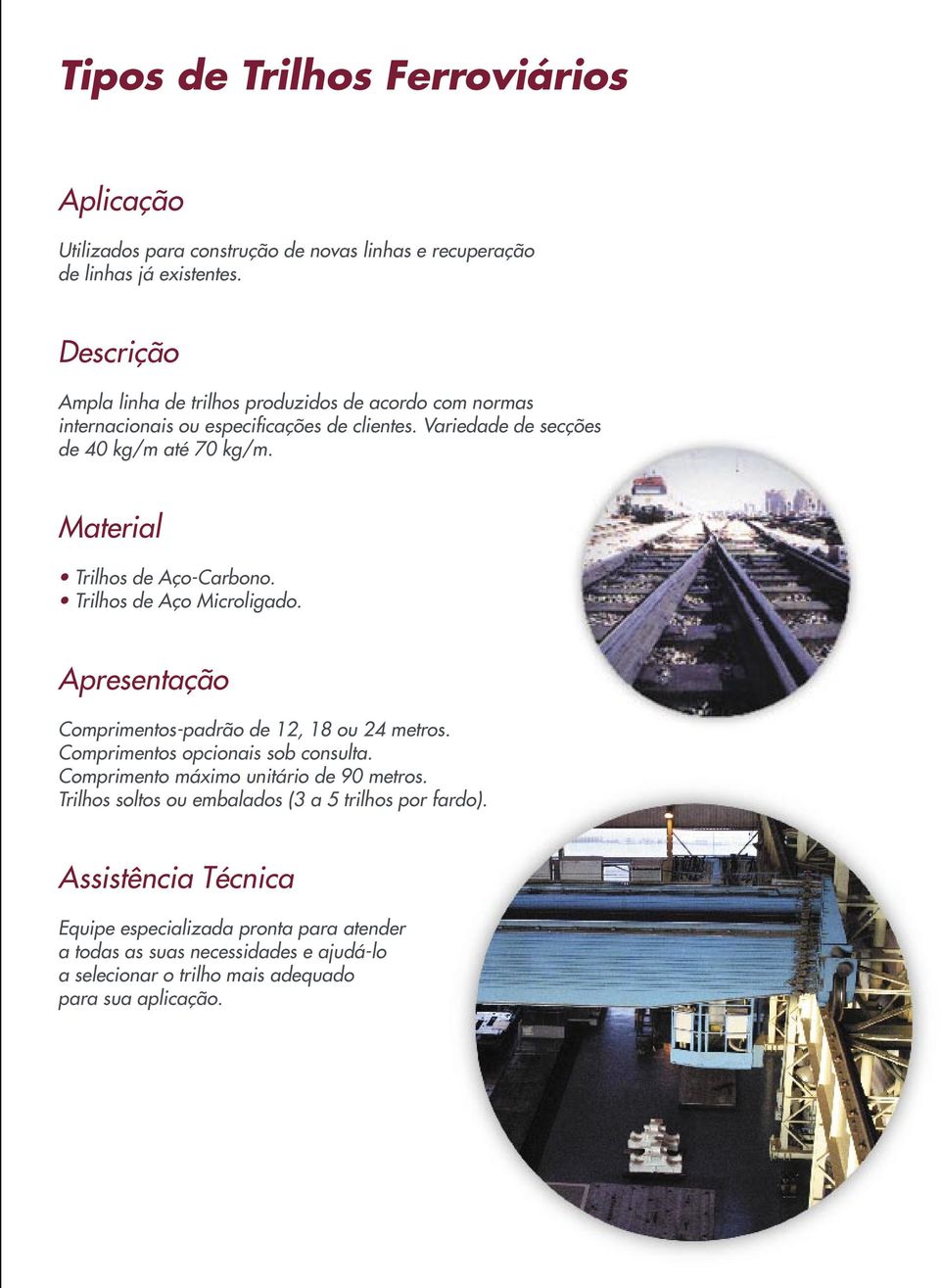 Material Trilhos de Aço-Carbono. Trilhos de Aço Microligado. Apresentação Comprimentos-padrão de, 18 ou 2 metros. Comprimentos opcionais sob consulta.