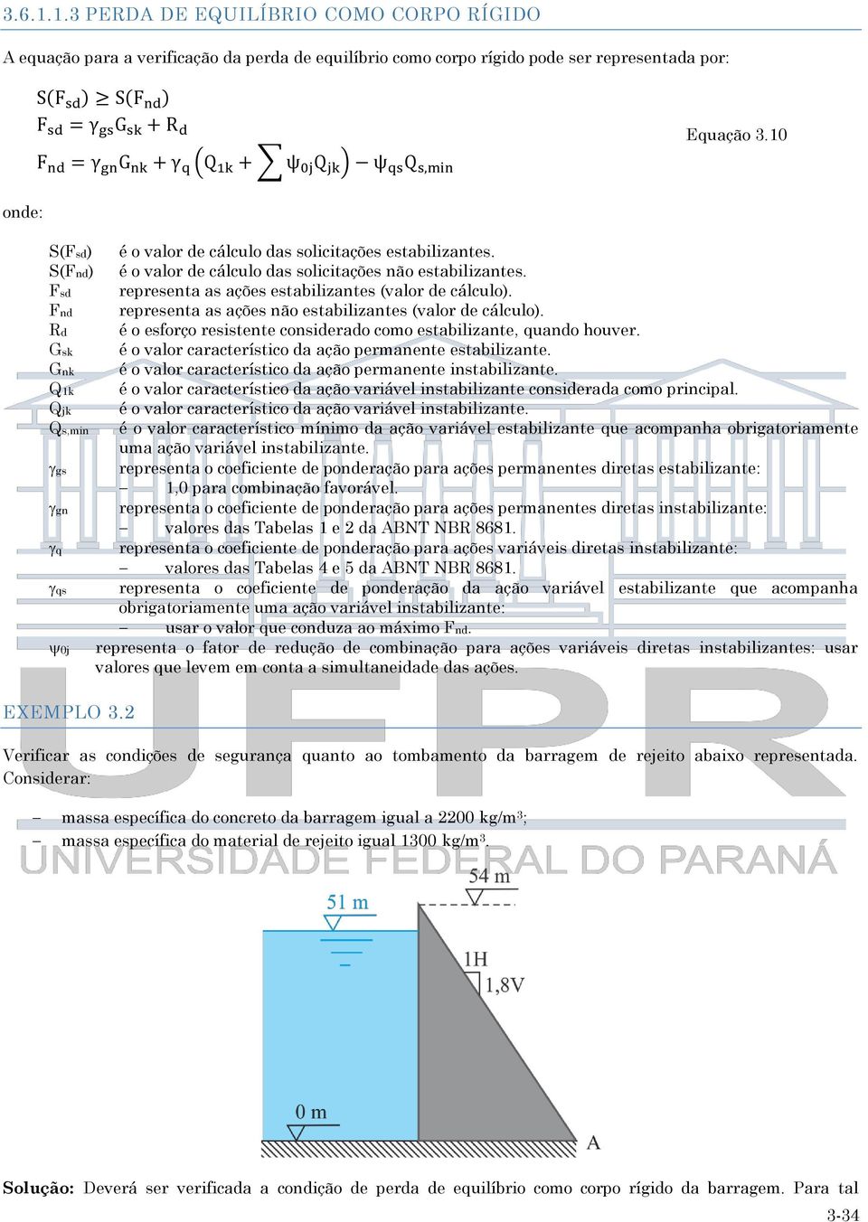 Fnd representa as ações não estabilizantes (valor de cálculo). Rd é o esforço resistente considerado como estabilizante, quando houver. Gsk é o valor característico da ação permanente estabilizante.