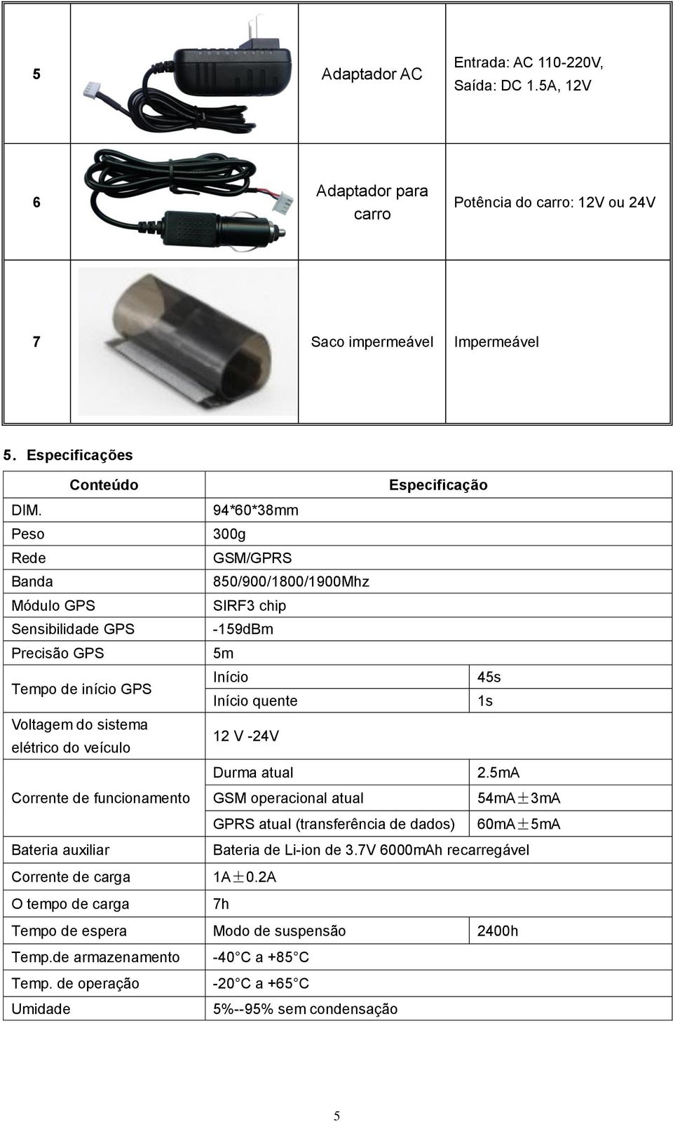 elétrico do veículo 12 V -24V Durma atual 2.5mA Corrente de funcionamento GSM operacional atual 54mA±3mA GPRS atual (transferência de dados) 60mA±5mA Bateria auxiliar Bateria de Li-ion de 3.