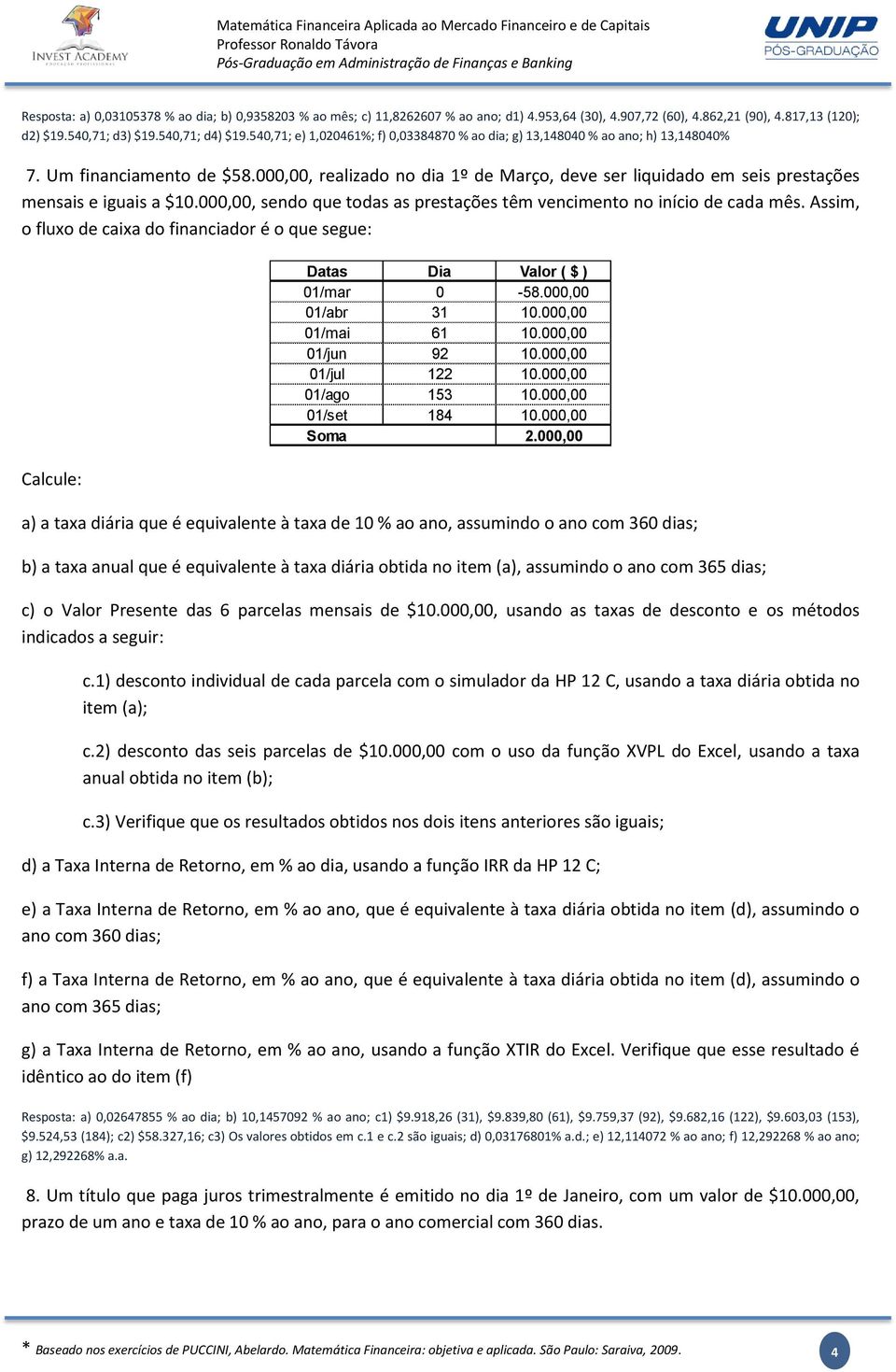 000,00, realizado no dia 1º de Março, deve ser liquidado em seis prestações mensais e iguais a $10.000,00, sendo que todas as prestações têm vencimento no início de cada mês.