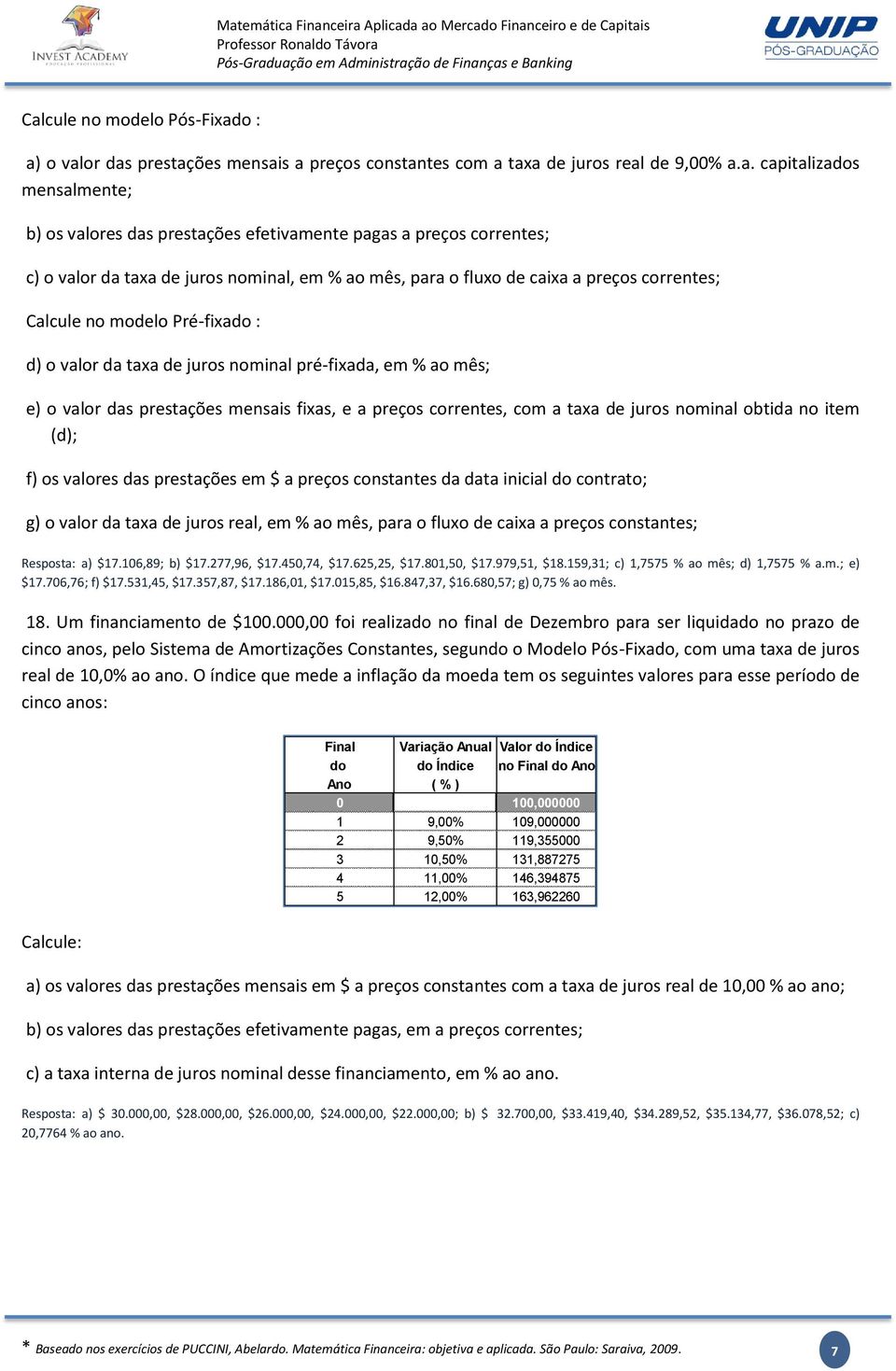 mês; e) o valor das prestações mensais fixas, e a preços correntes, com a taxa de juros nominal obtida no item (d); f) os valores das prestações em $ a preços constantes da data inicial do contrato;