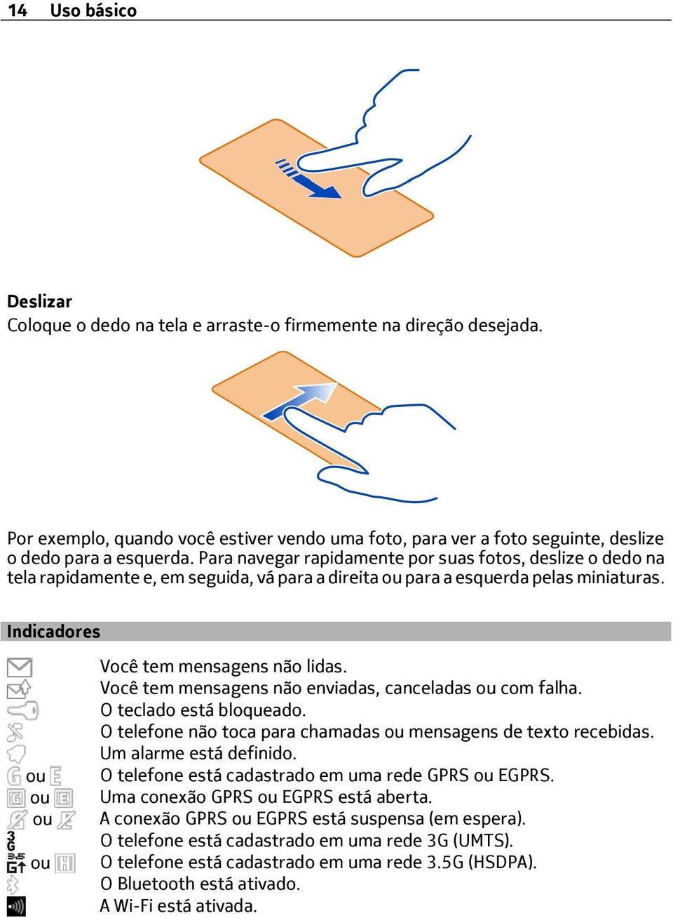 Você tem mensagens não enviadas, canceladas ou com falha. O teclado está bloqueado. O telefone não toca para chamadas ou mensagens de texto recebidas. Um alarme está definido.