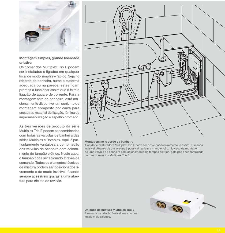 Para a montagem fora da banheira, está adicionalmente disponível um conjunto de montagem composto por caixa para encastrar, material de fixação, lâmina de impermeabilização e espelho cromado.