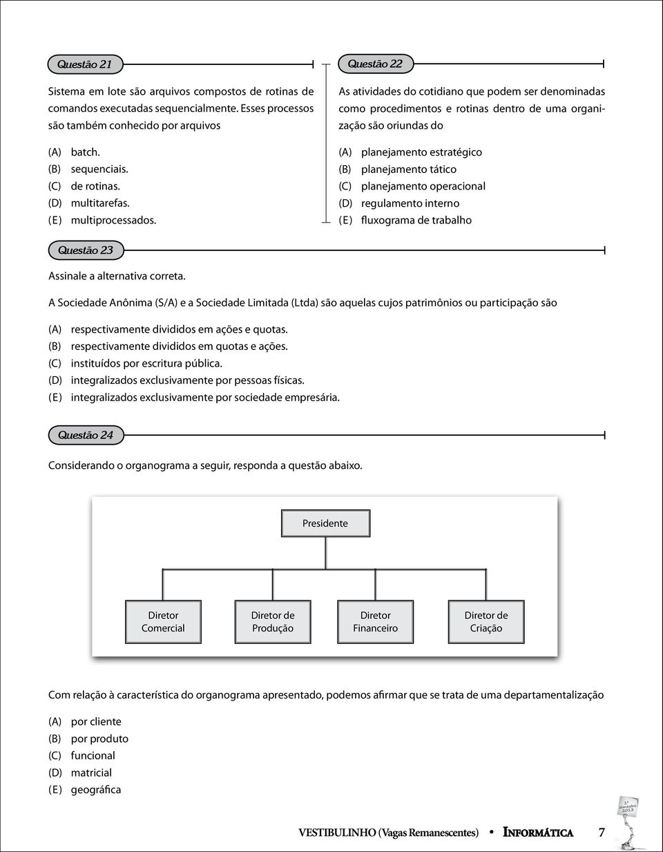 Questão 22 As atividades do cotidiano que podem ser denominadas como procedimentos e rotinas dentro de uma organização são oriundas do (A) planejamento estratégico (B) planejamento tático (C)