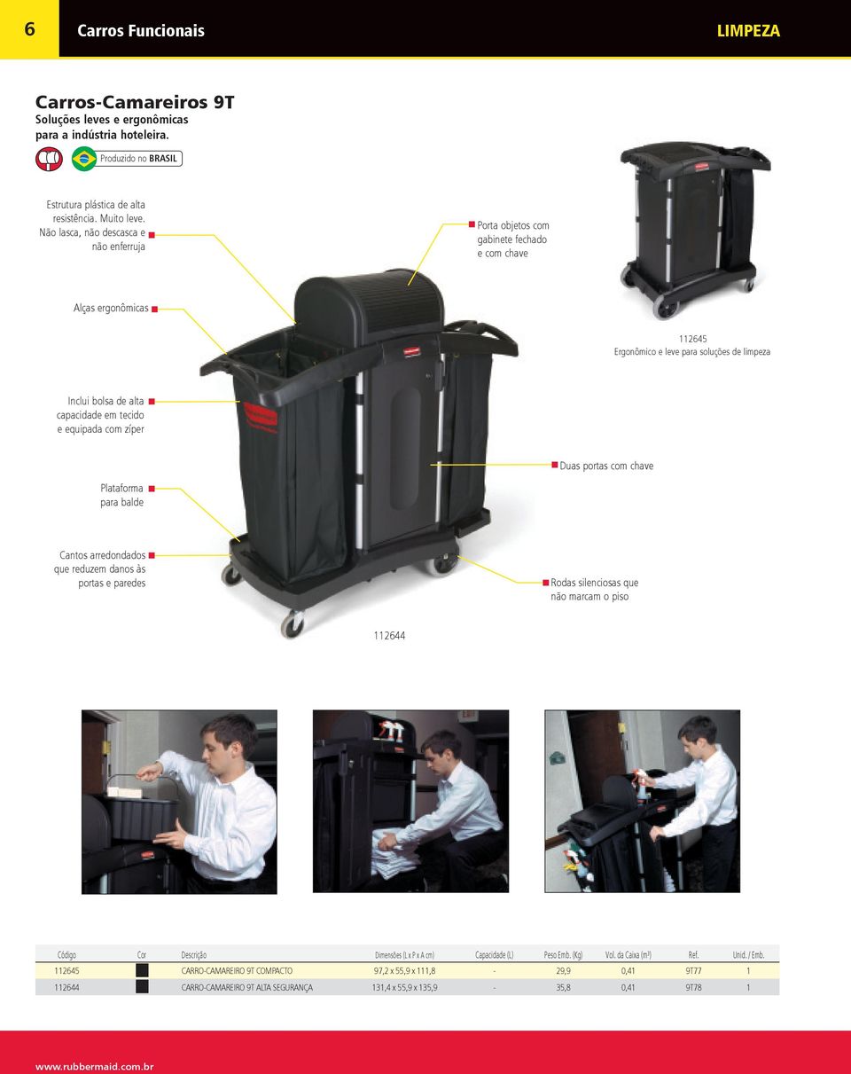 equipada com zíper Duas portas com chave Plataforma para balde Catos arredodados que reduzem daos às portas e paredes Rodas sileciosas que ão marcam o piso 11244 Código Cor Descrição Dimesões (L