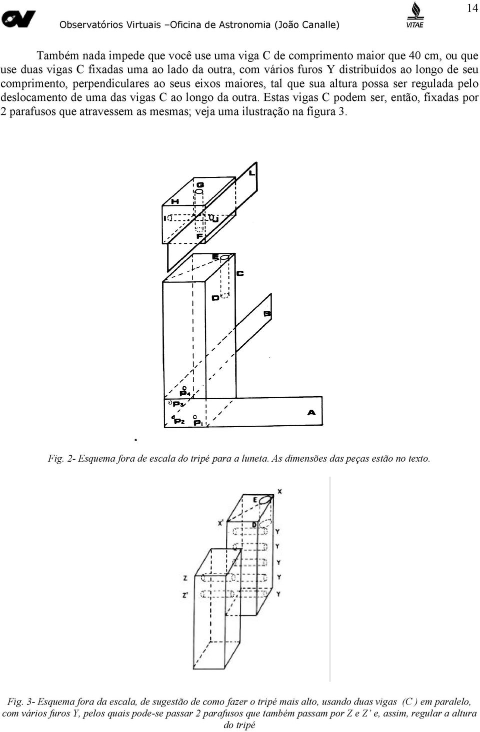 Estas vigas C podem ser, então, fixadas por 2 parafusos que atravessem as mesmas; veja uma ilustração na figura 3. Fig. 2- Esquema fora de escala do tripé para a luneta.