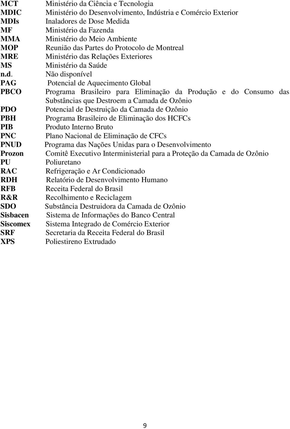 Dose Medida Ministério da Fazenda Ministério do Meio Ambiente Reunião das Partes do Protocolo de Montreal Ministério das Relações Exteriores Ministério da Saúde Não disponível Potencial de