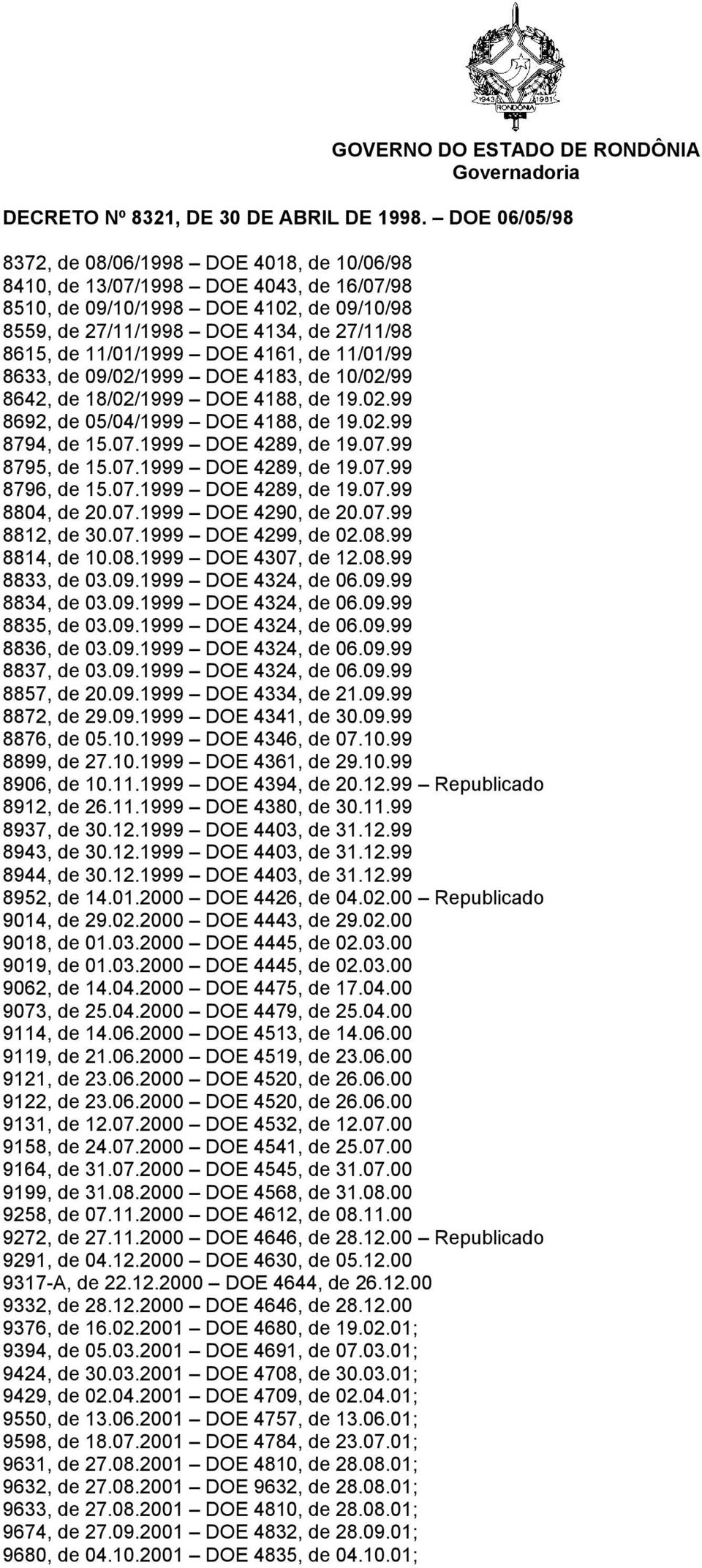 11/01/1999 DOE 4161, de 11/01/99 8633, de 09/02/1999 DOE 4183, de 10/02/99 8642, de 18/02/1999 DOE 4188, de 19.02.99 8692, de 05/04/1999 DOE 4188, de 19.02.99 8794, de 15.07.1999 DOE 4289, de 19.07.99 8795, de 15.