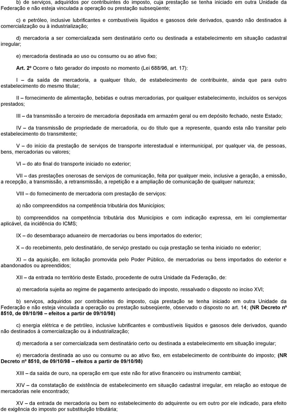 destinada a estabelecimento em situação cadastral irregular; e) mercadoria destinada ao uso ou consumo ou ao ativo fixo; Art. 2º Ocorre o fato gerador do imposto no momento (Lei 688/96, art.