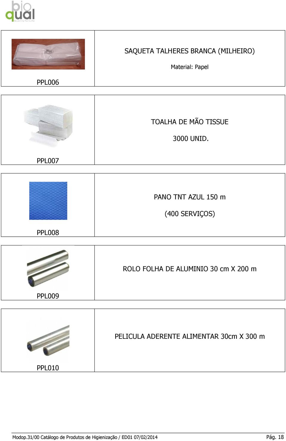 PPL007 PANO TNT AZUL 150 m (400 SERVIÇOS) PPL008 ROLO FOLHA DE ALUMINIO 30