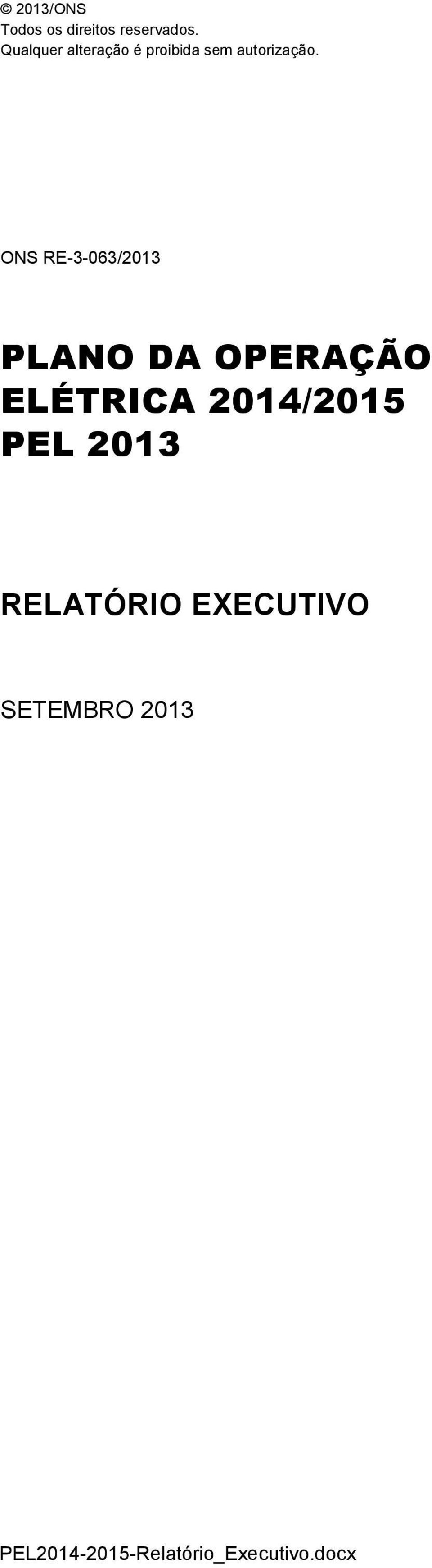 RE-3-063/2013 PLANO DA OPERAÇÃO ELÉTRICA