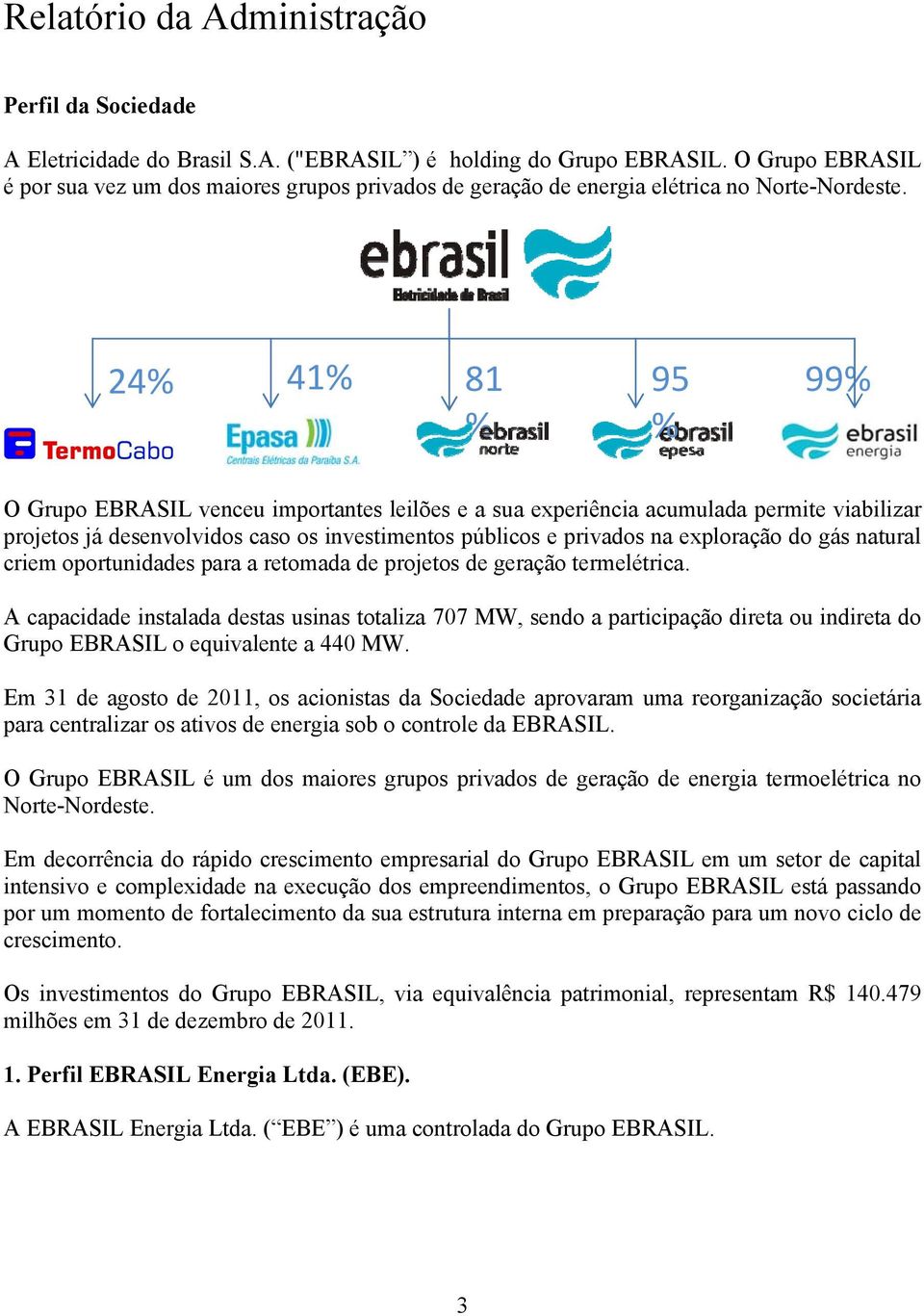 24% 41% 81 % 95 % 99% O Grupo EBRASIL venceu importantes leilões e a sua experiência acumulada permite viabilizar projetos já desenvolvidos caso os investimentos públicos e privados na exploração do