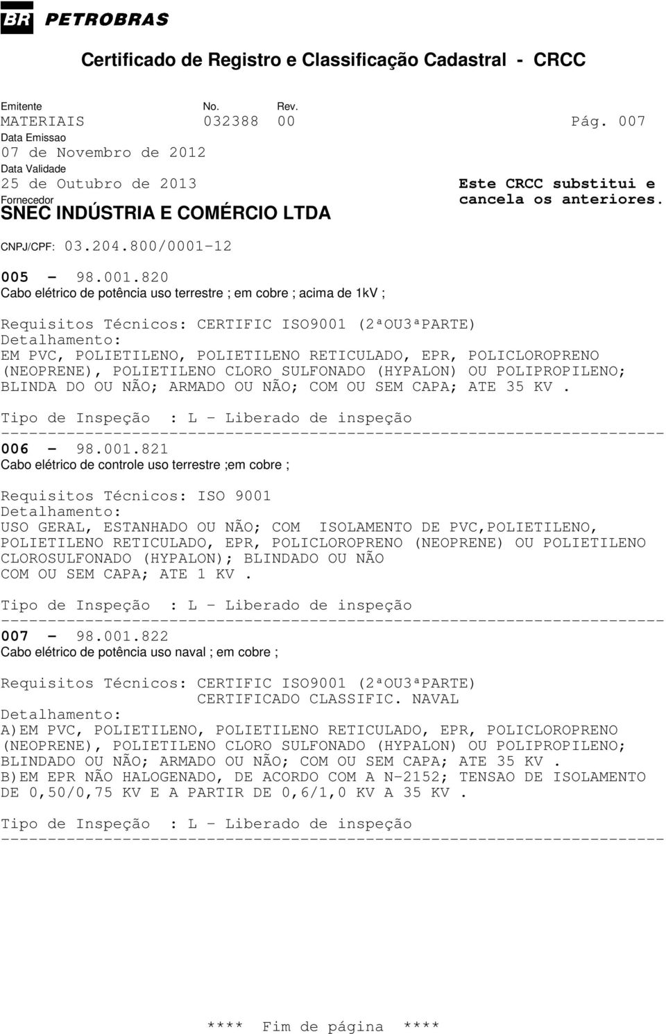 POLIPROPILENO; BLINDA DO OU NÃO; ARMADO OU NÃO; COM OU SEM CAPA; ATE 35 KV. 006-98.001.